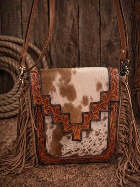 Hand-Tooled Leather Crossbody Bag with Turquoise Accents - Brown